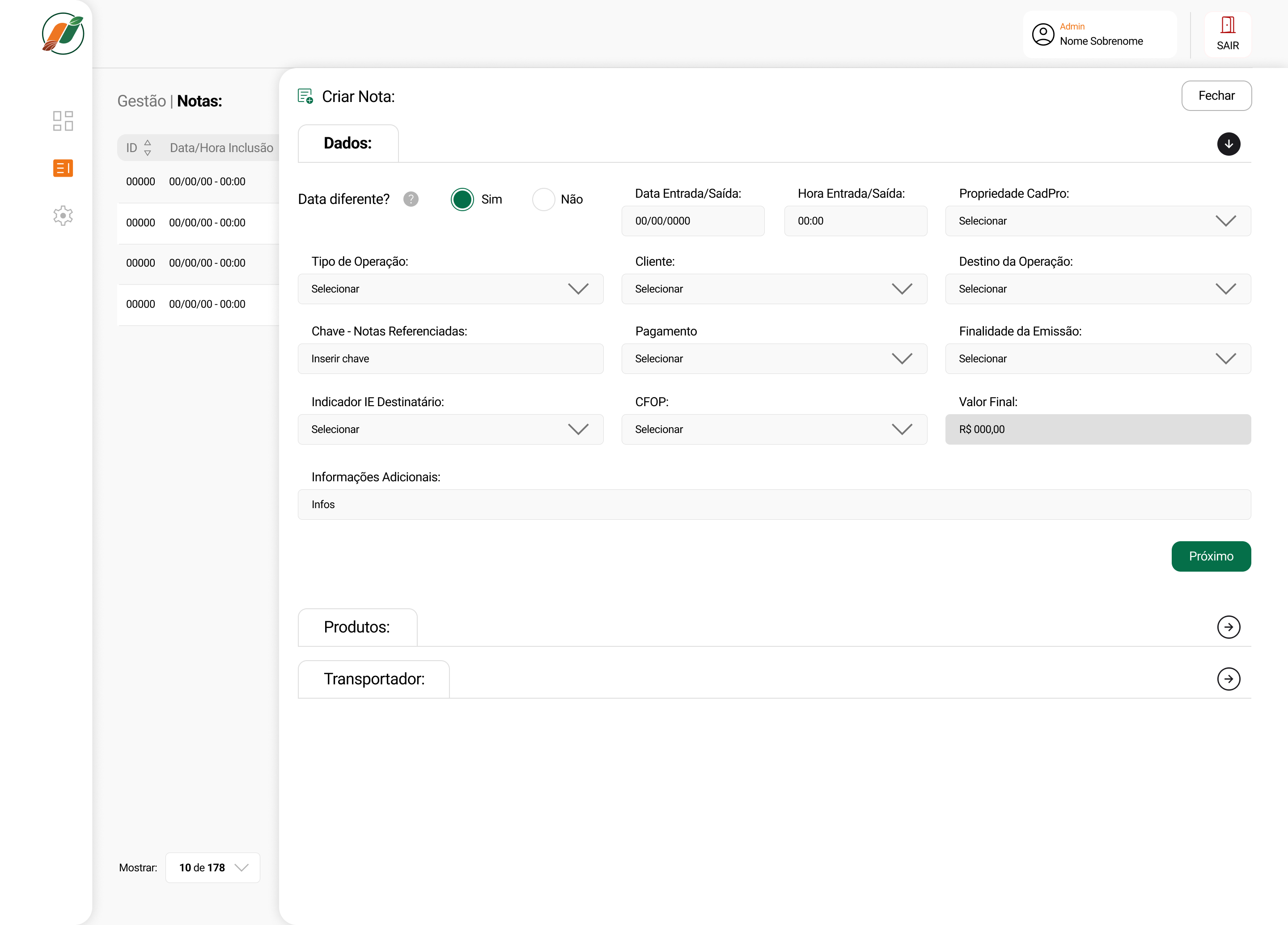Painel web do Nota Pronta – criar nota